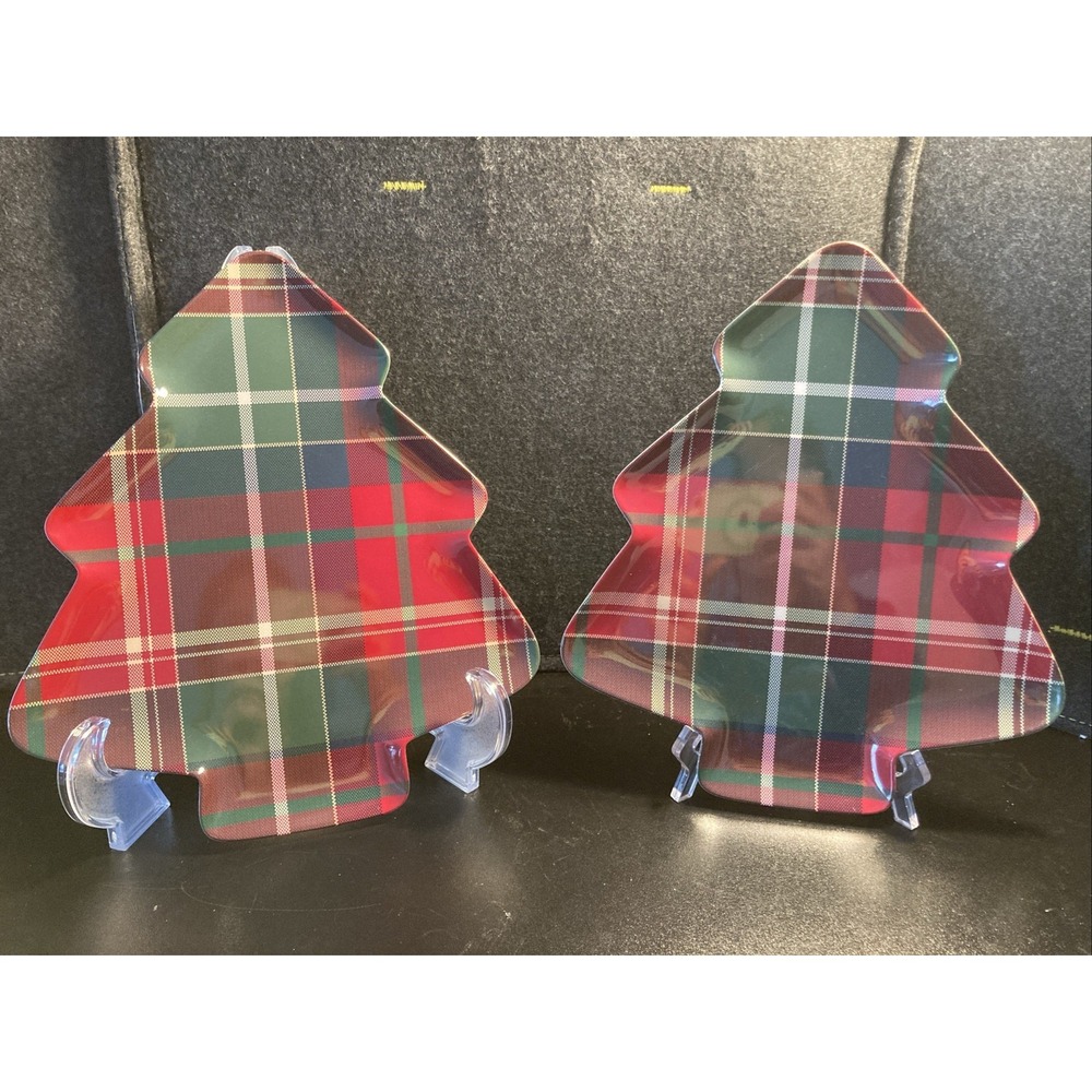 TOMMY BAHAMA Set Of 2 Christmas Tree PLAID Tartan SERVING PLATTER TRAY Melamine